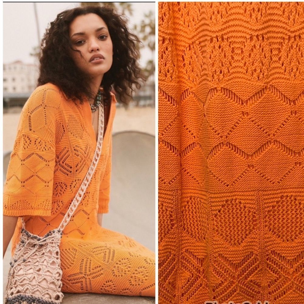 New Free People Islamorada Crochet Sweater Dress Sherbet Orange Medium